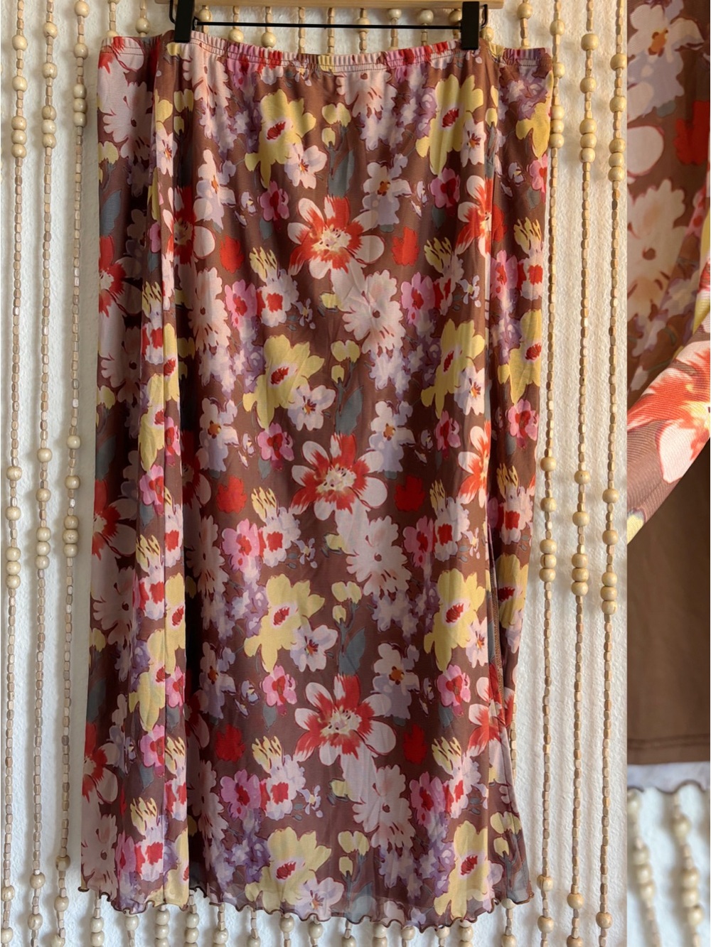 Cider NWOT Brown Multi Color Floral Boho Indie Side Slit Mesh Stretchy Feminine
